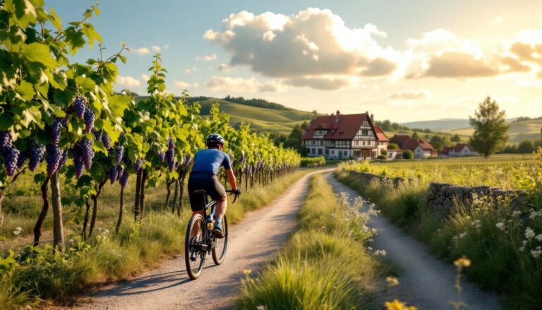 découvrez un itinéraire vélo de 95 km à travers les vignobles alsaciens, combinant routes et chemins pittoresques pour une aventure cycliste inoubliable au cœur des paysages viticoles.